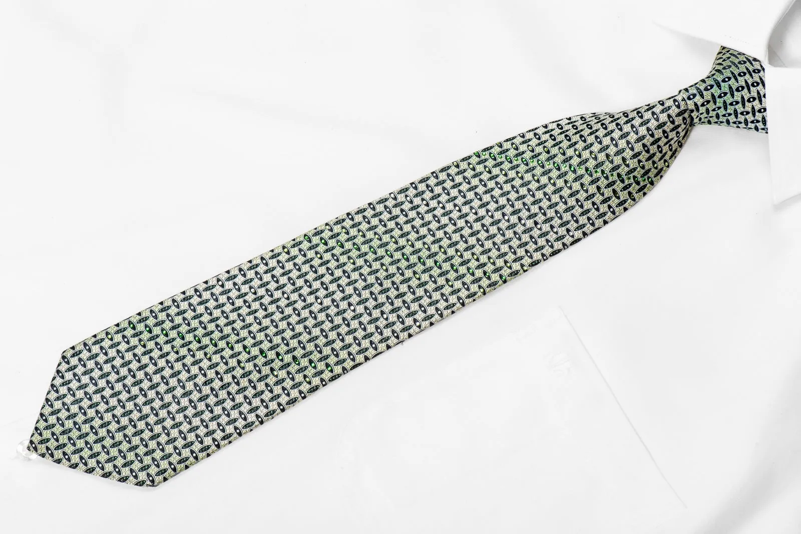 Pierre Cardin Mens Crystal Rhinestone Silk Necktie Geometric On Green With Sparkles