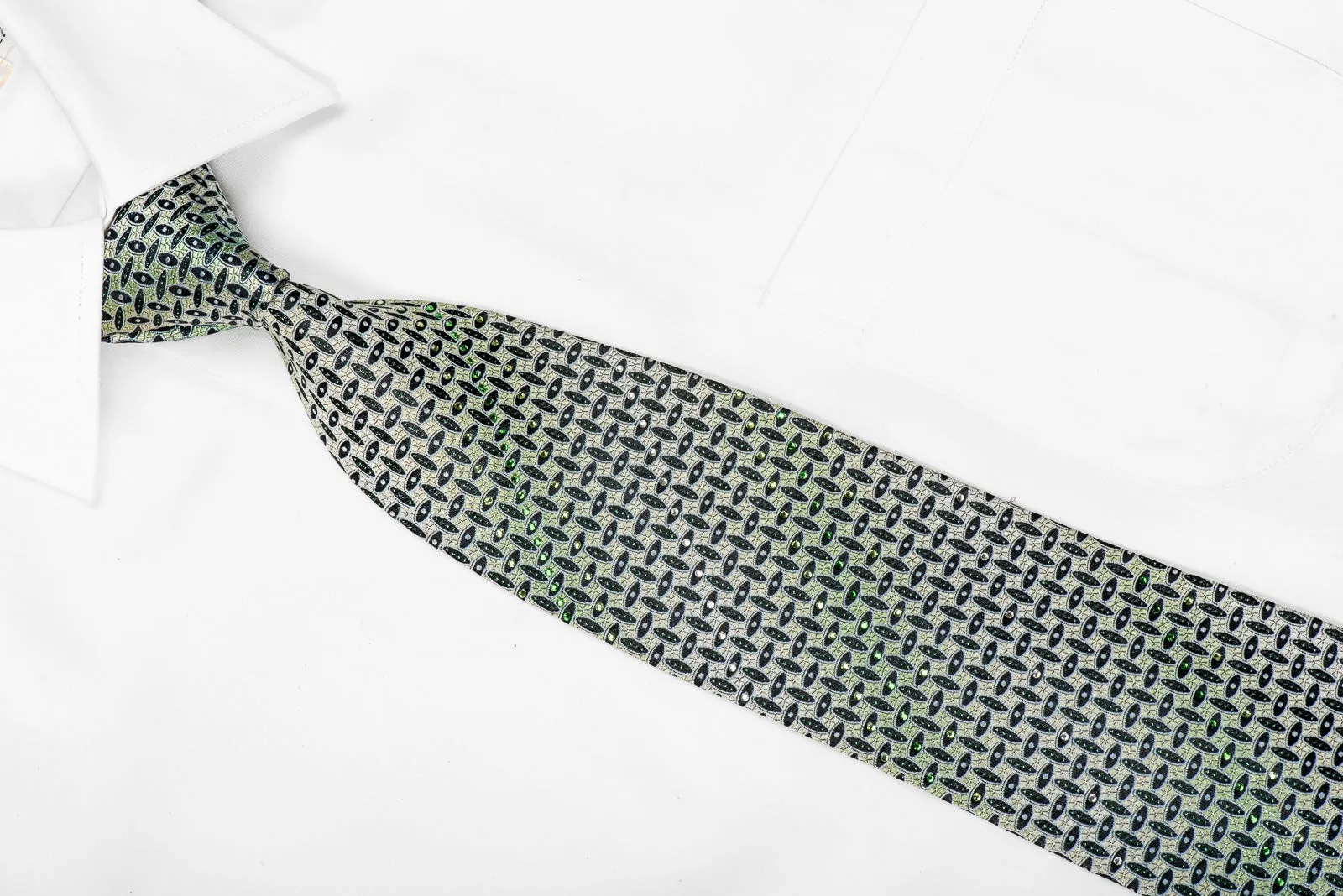 Pierre Cardin Mens Crystal Rhinestone Silk Necktie Geometric On Green With Sparkles