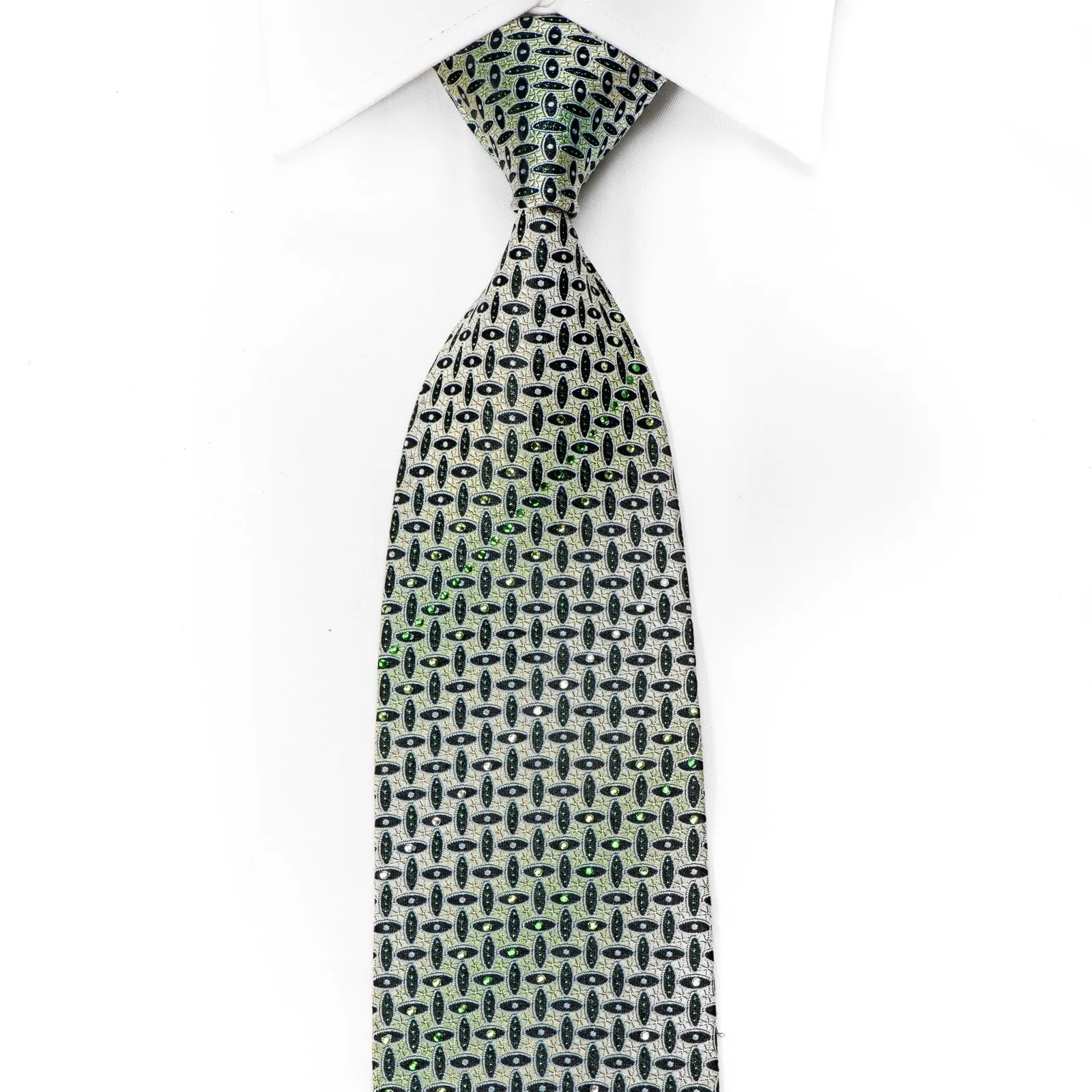 Pierre Cardin Mens Crystal Rhinestone Silk Necktie Geometric On Green With Sparkles