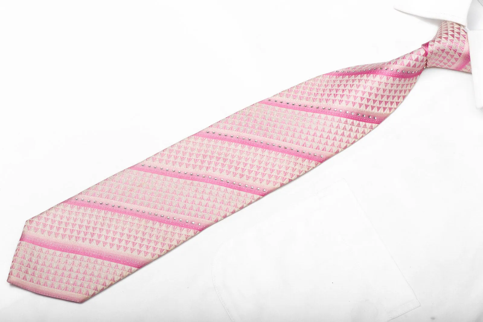 Pink Striped Rhinestone Silk Necktie With Silver Sparkles