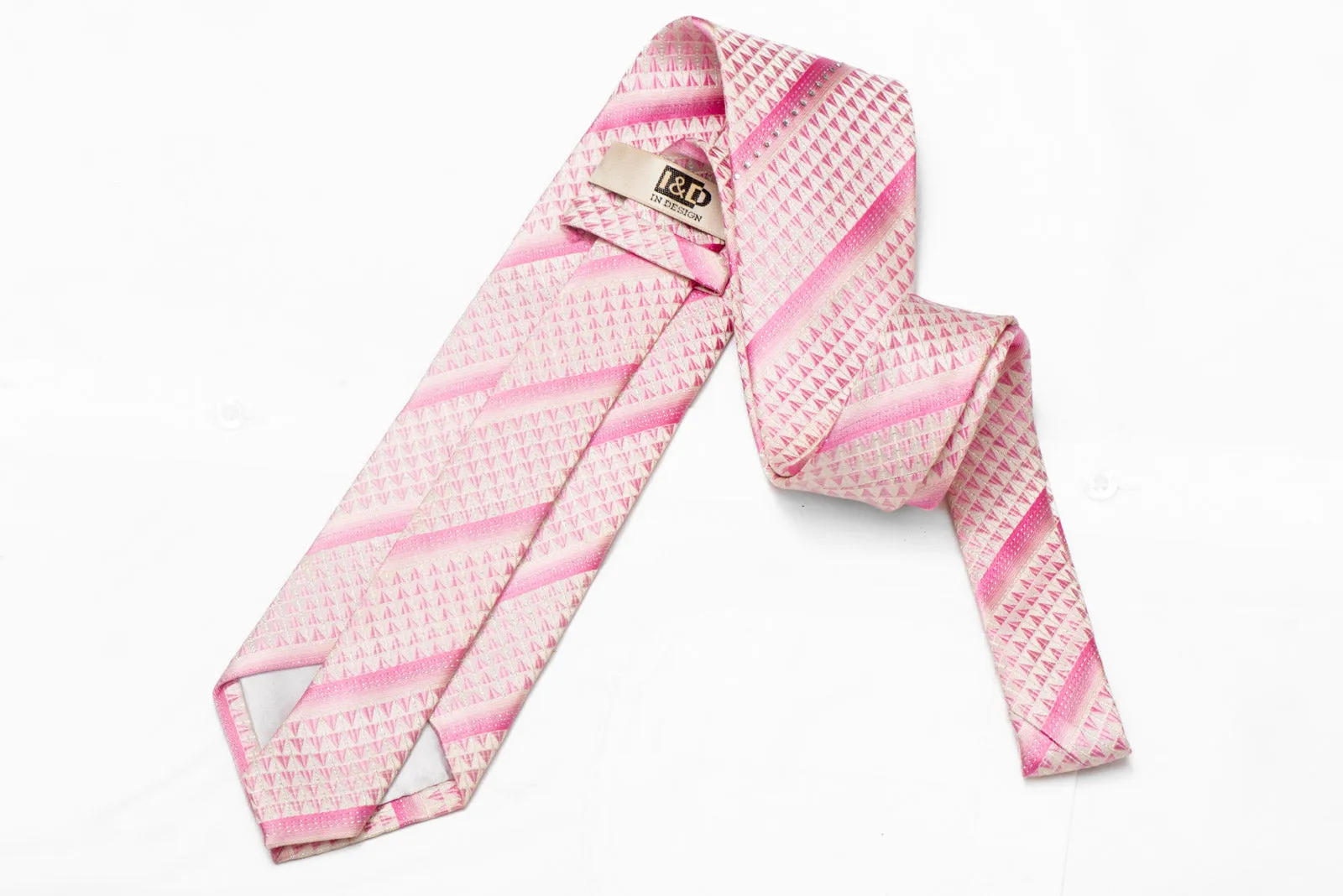 Pink Striped Rhinestone Silk Necktie With Silver Sparkles