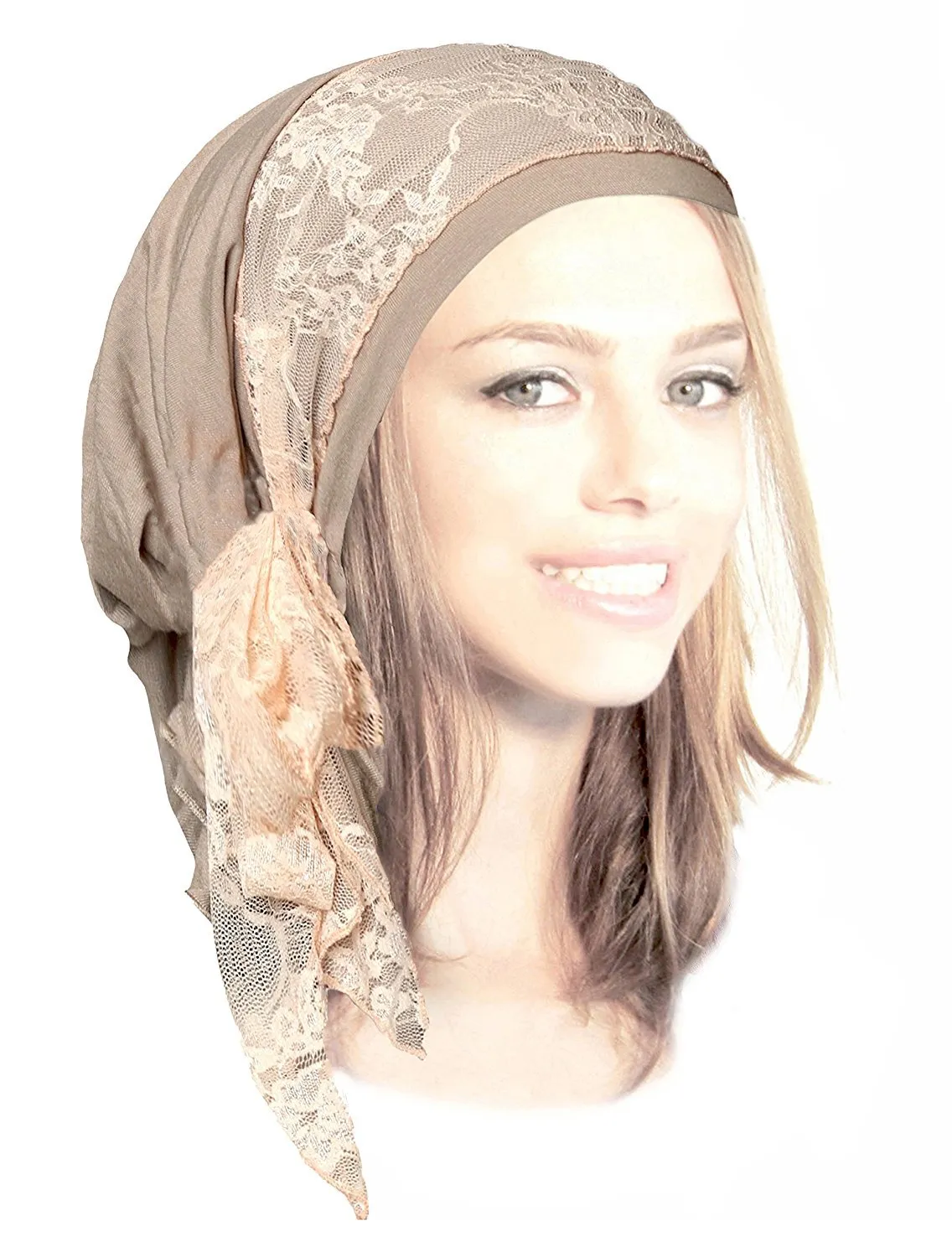 Taupe Head-scarf Hair-Snood Tichel Embellished with Pink Floral Lace Boho Chic - 021