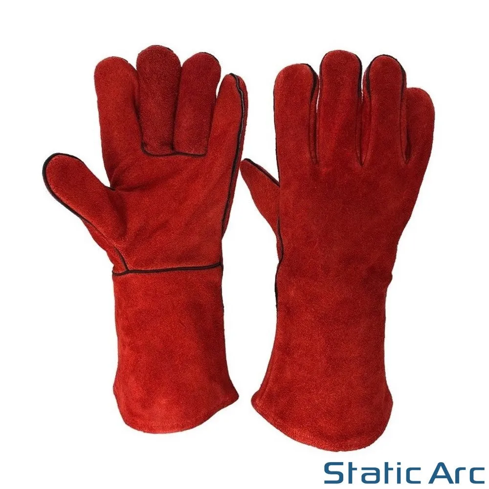 WELDING GLOVES GAUNTLET PAIR LEATHER STOVE BURNER OVEN FIRE HEAT RESISTANT Red