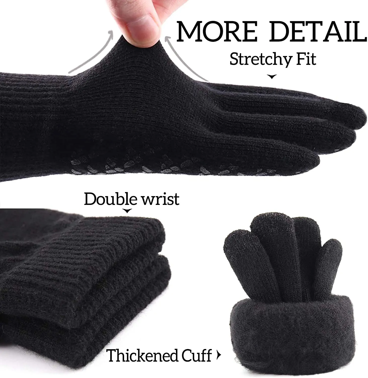 Winter Knit Gloves Touchscreen Warm Thermal Soft Lining Elastic Cuff Texting Anti-Slip 3 Size Choice for Women Men