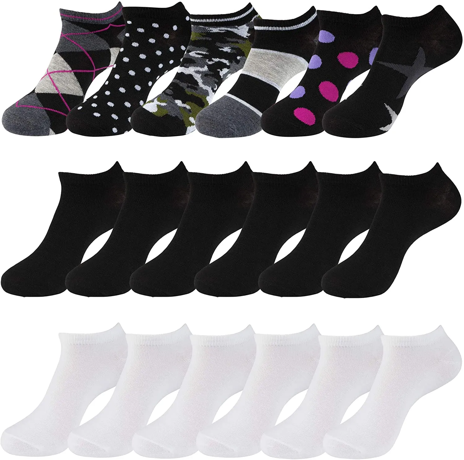 Women’s Low Cut No-Show Ankle Socks, Value Pack of 18 Pairs, Shoe Size 4 – 10