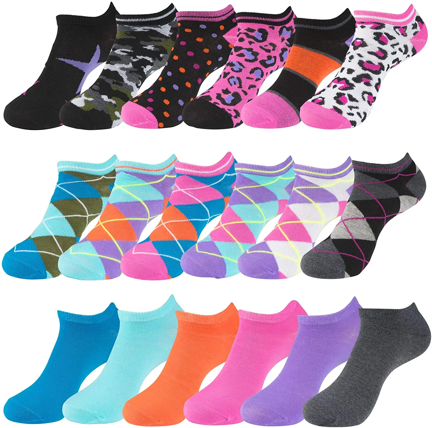 Women’s Low Cut No-Show Ankle Socks, Value Pack of 18 Pairs, Shoe Size 4 – 10